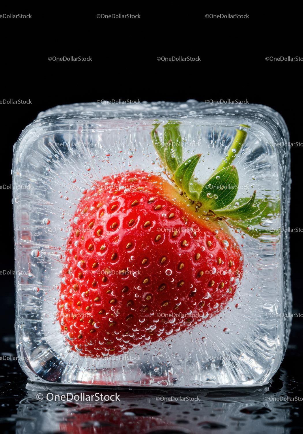 Fresh strawberry frozen inside a clear ice cube