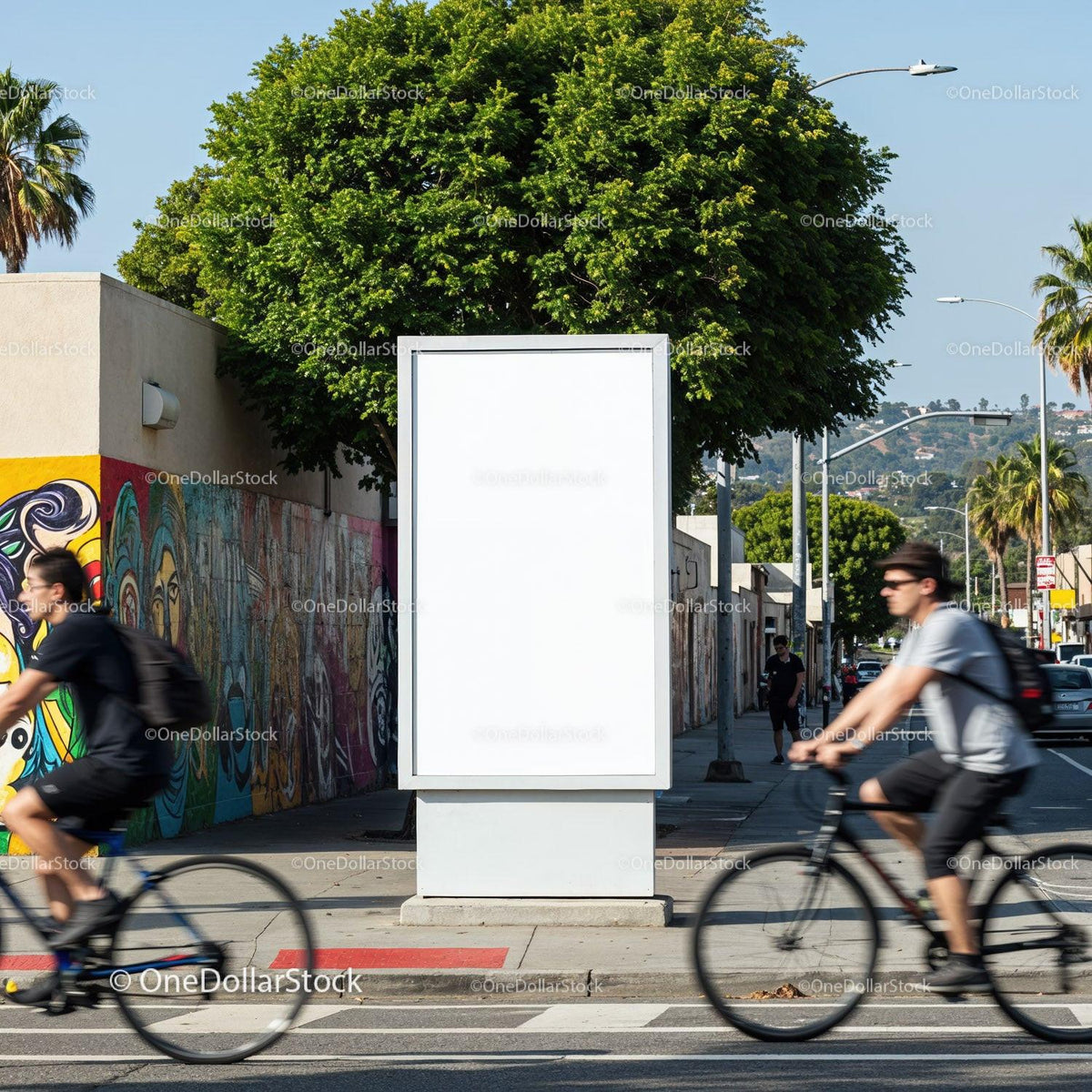 Urban street scene with blank billboard and cyclists JPG Mockup Image preview