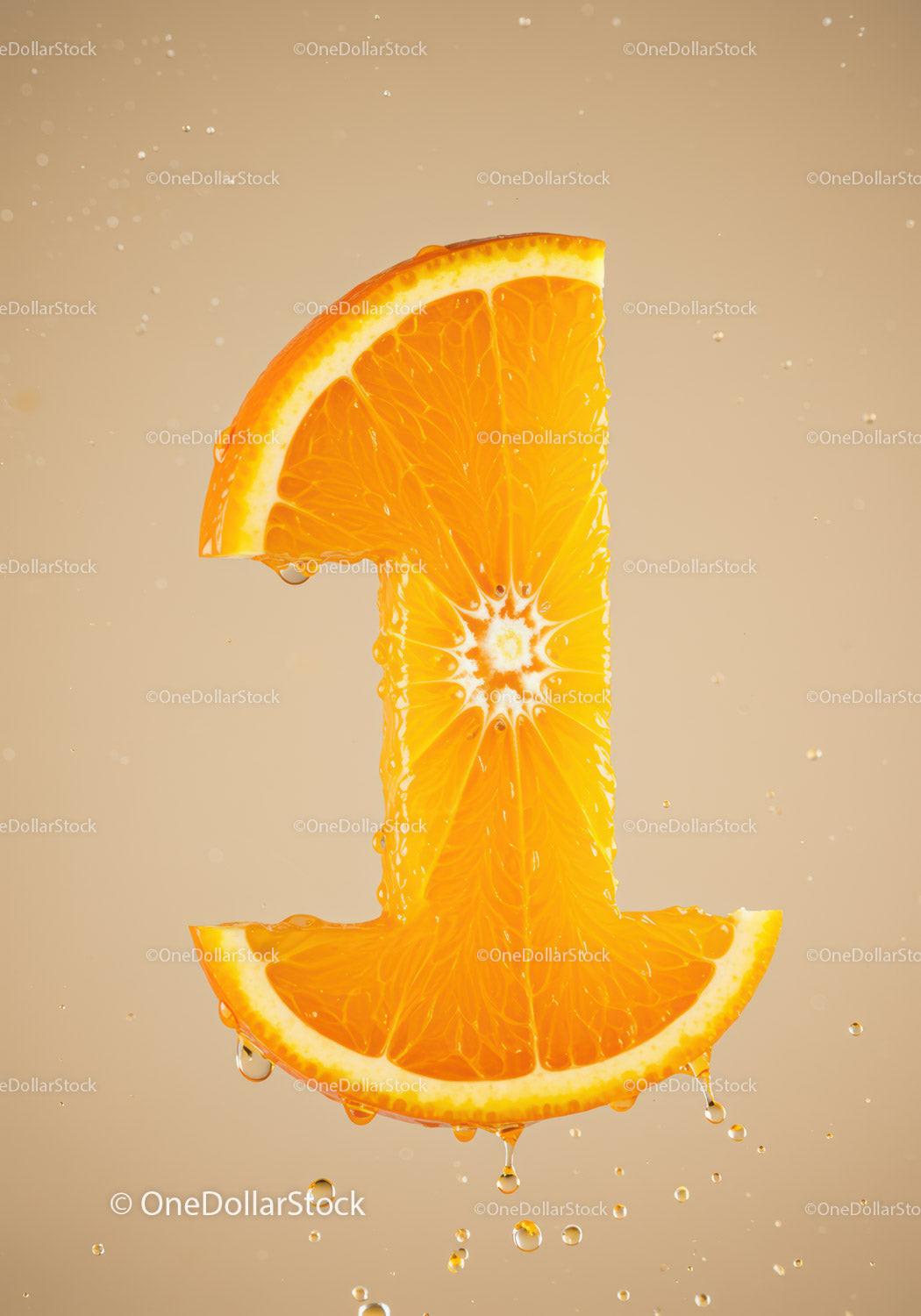 Fresh Orange Slice Shaped Like Number One with Drops