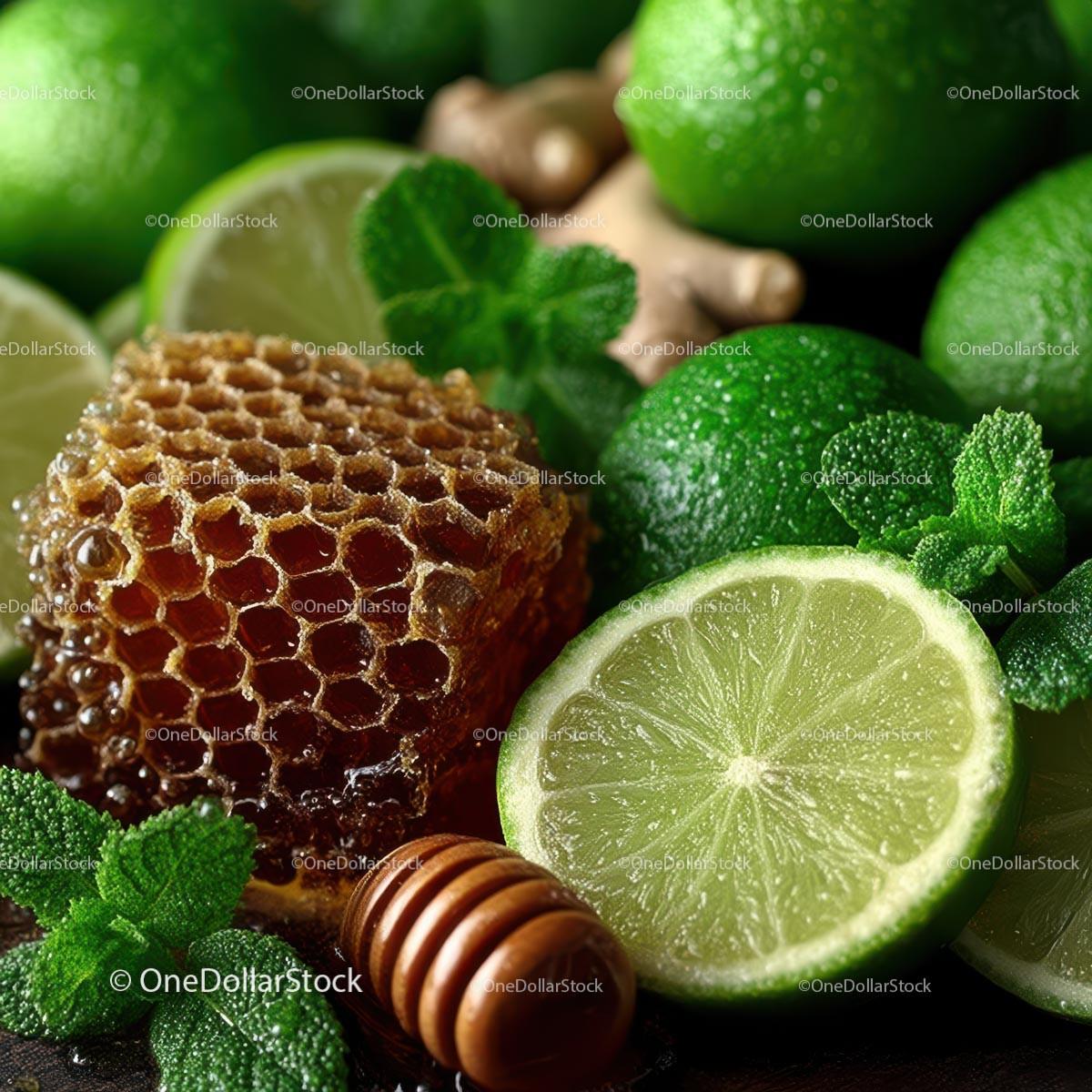 Fresh Limes, Mint Leaves and Honeycomb for Delicious Recipes Stock Photo Bundle preview 13