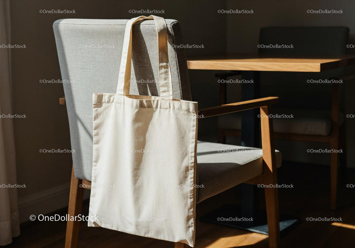Beige tote bag hanging on modern wooden chair JPG Mockup Image preview