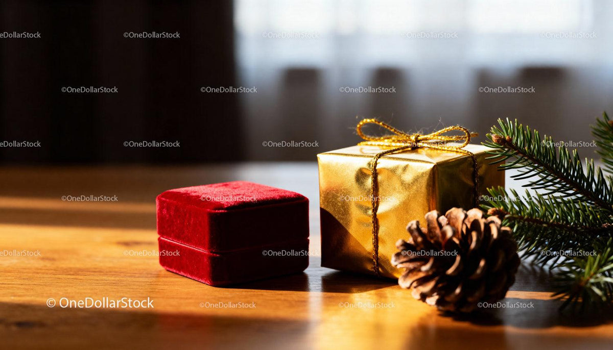 Golden wrapped gift and red velvet box with pinecone