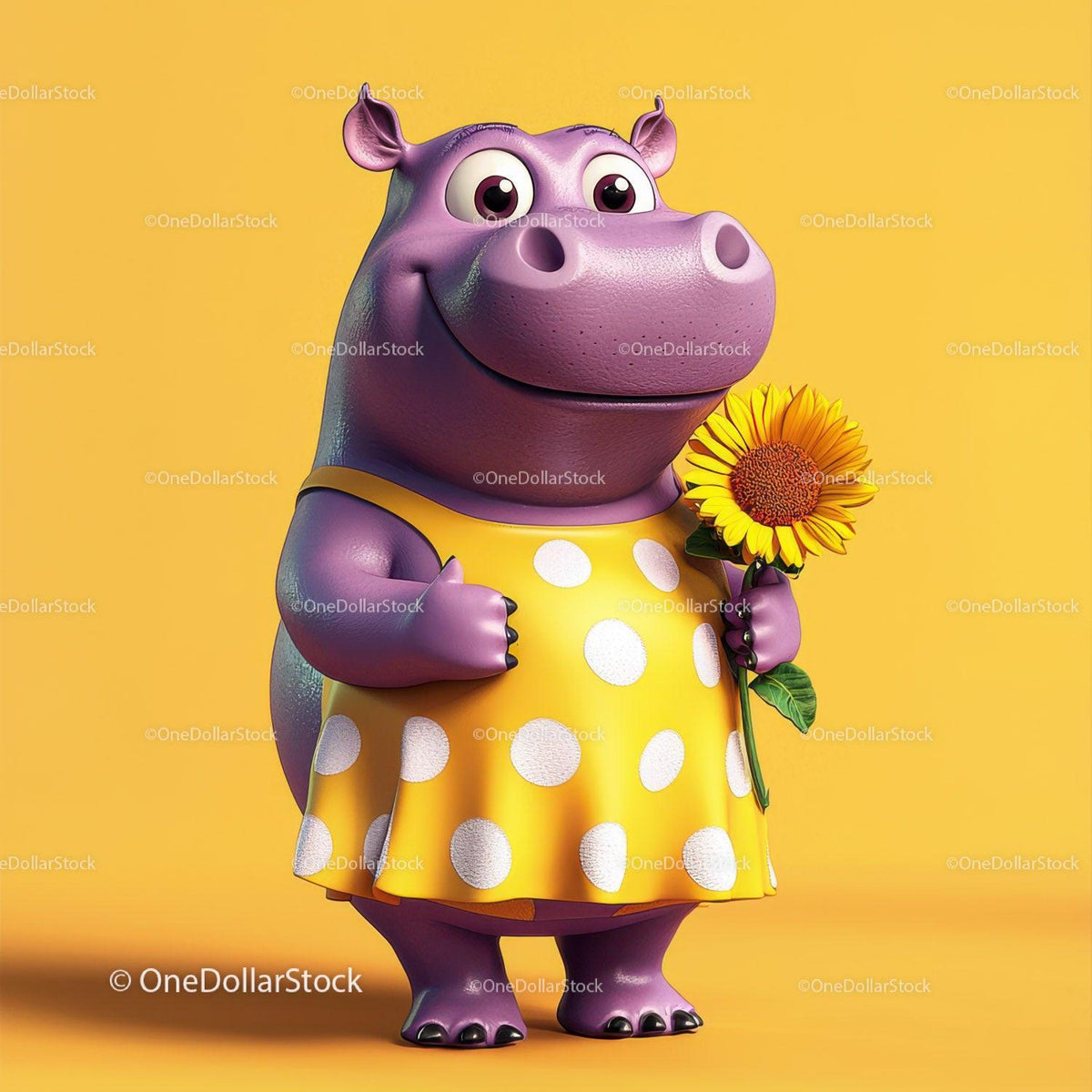 Purple hippopotamus in yellow polka dot dress holding sunflower