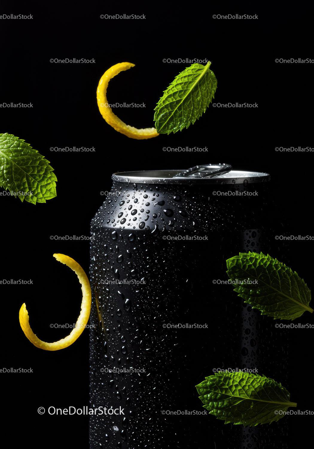 Refreshing cold drink can with mint and lemon peel