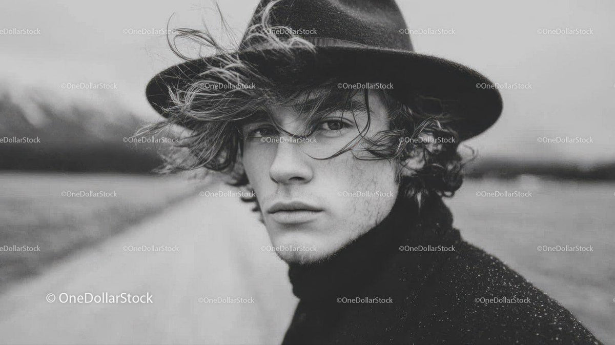 Black and White Portrait of Young Man with Curly Hair and Wide-Brim Hat