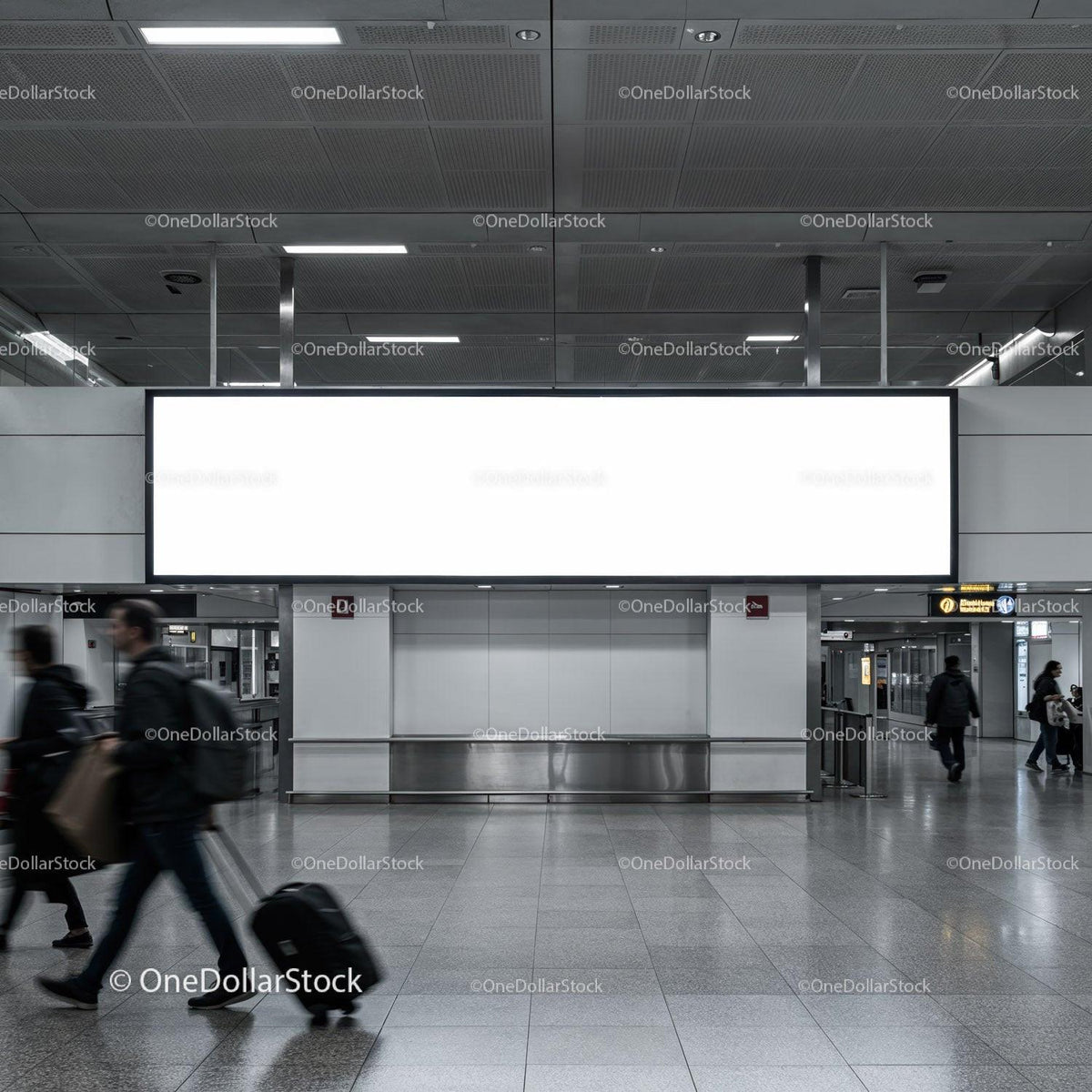 Busy airport hallway with large blank advertisement board JPG Mockup Image preview