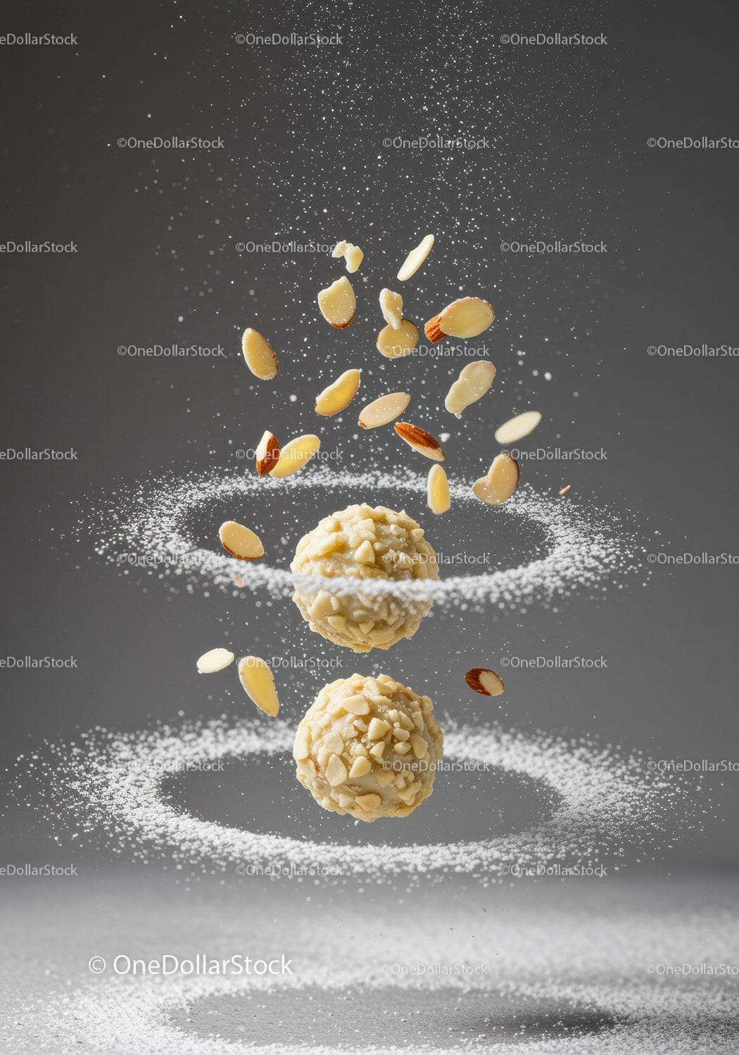 Floating Almond Truffles Surrounded by Sugar Dust