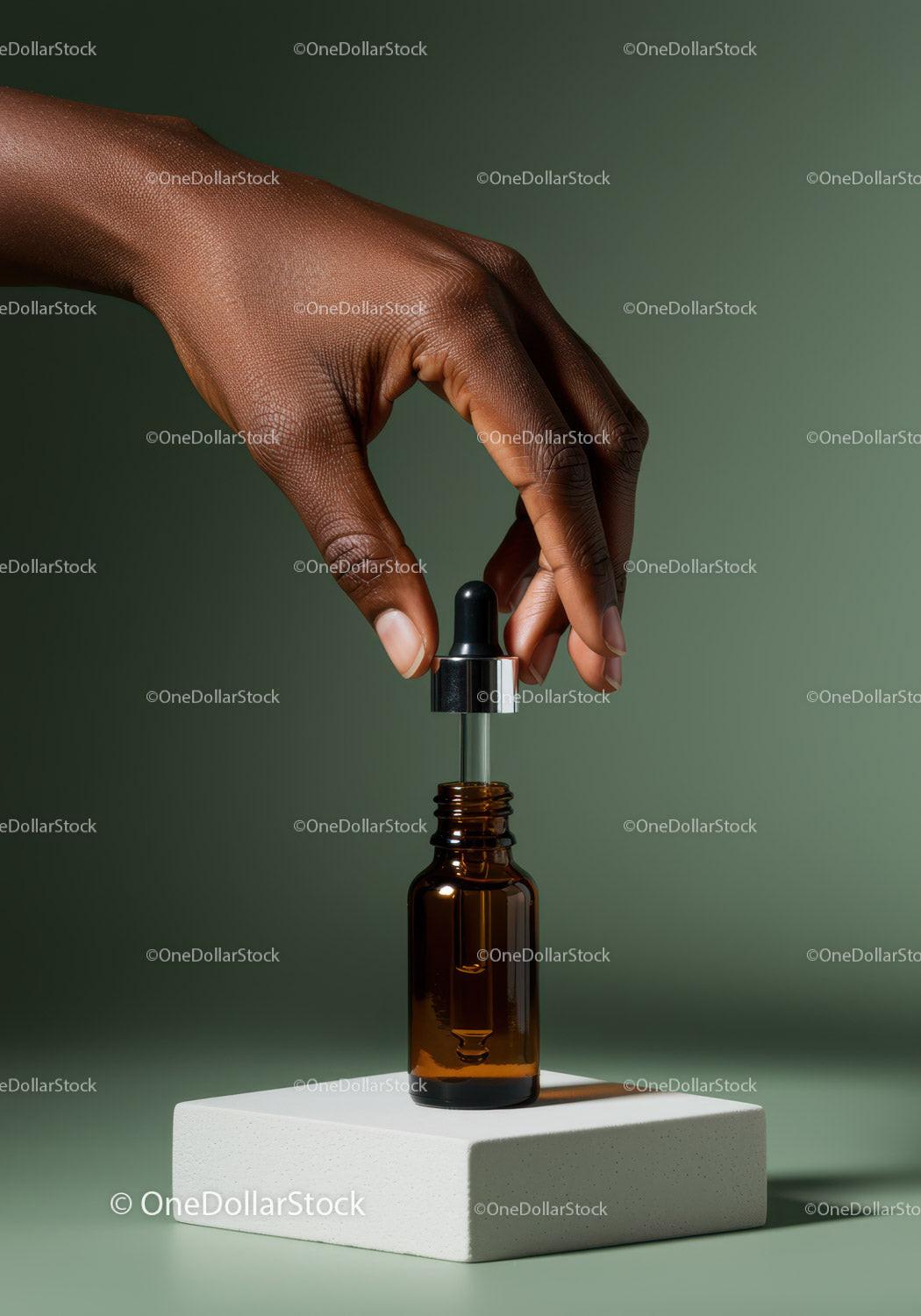 Close-up of Hand Holding Glass Dropper with Skincare Serum JPG Mockup Image preview