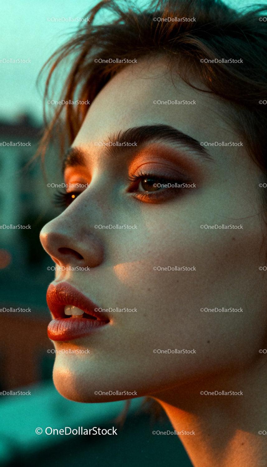 Close-up of thoughtful young woman with glowing makeup