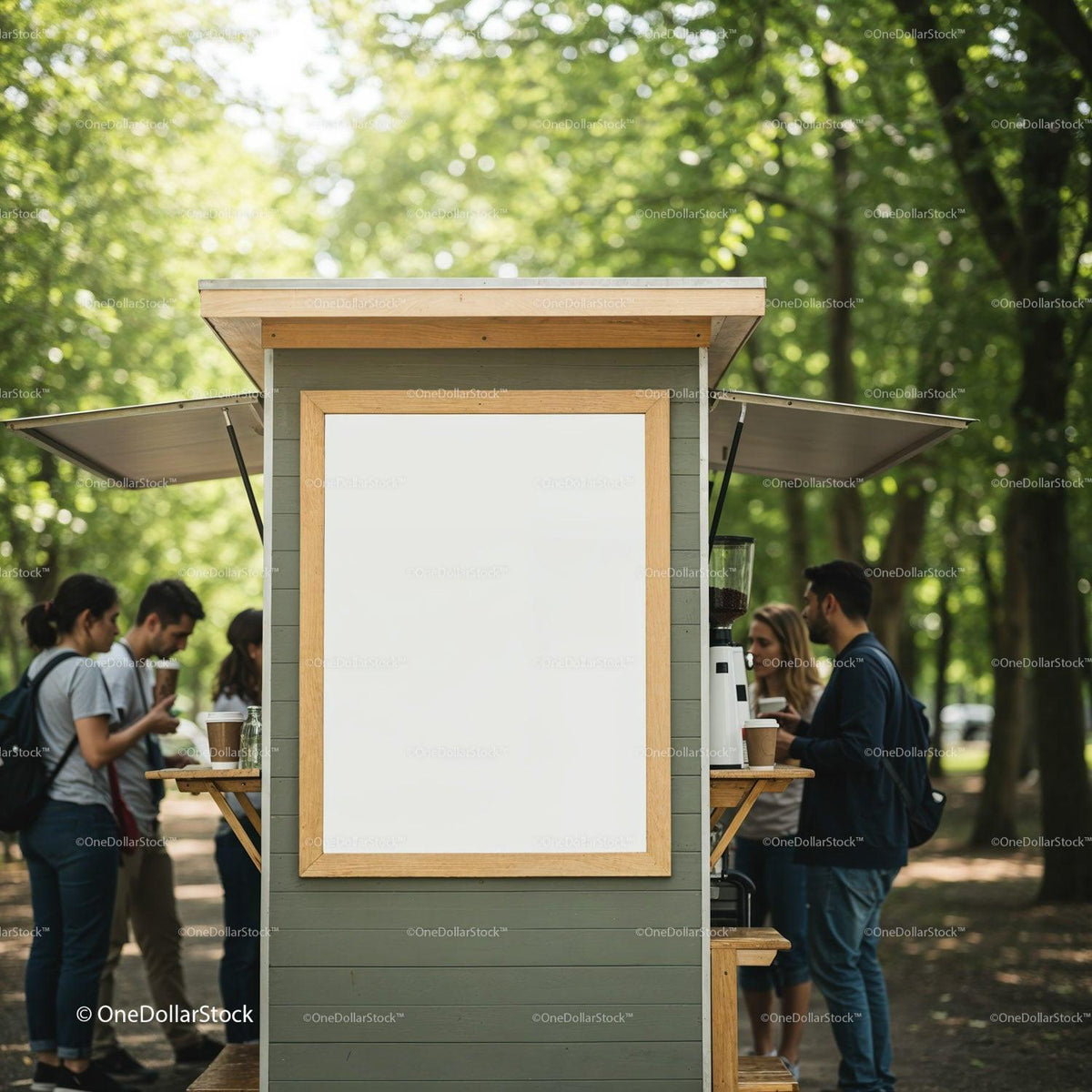 People enjoying coffee at outdoor kiosk in park JPG Mockup Image preview