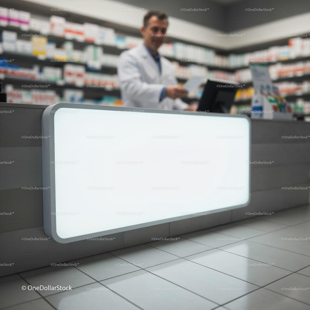 Pharmacist Preparing Prescription Behind Pharmacy Counter JPG Mockup Image preview