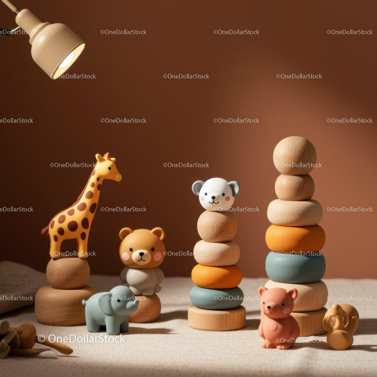 Wooden Animal Toys and Stacking Rings on Table