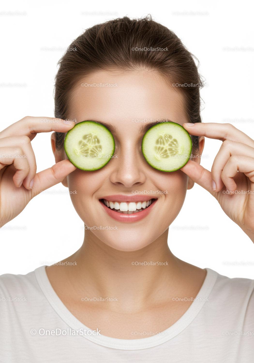 Woman with Cucumber Slices Over Eyes Fresh Skin Beauty Portrait