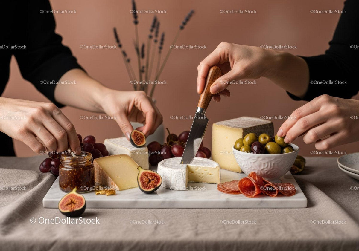 Gourmet Cheese and Fruit Platter with Grapes and Figs on Rustic Table