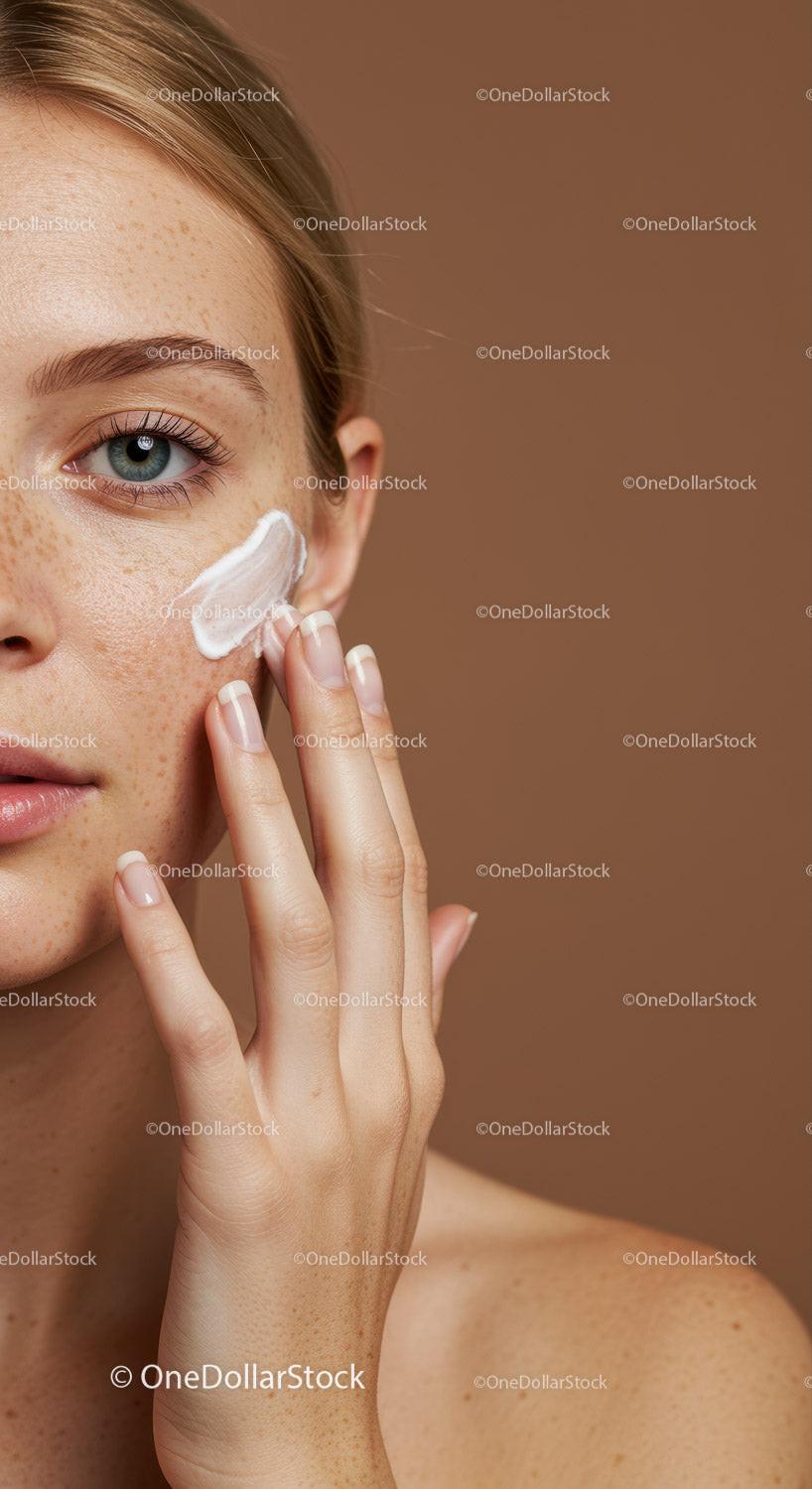 Close-Up of Woman Applying Face Cream Highlighting Skincare Routine