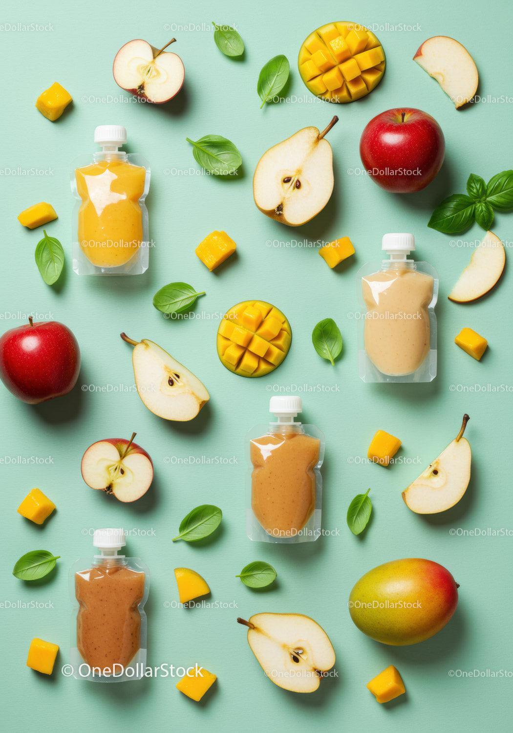 Healthy fruit puree pouches with fresh mango apple and pear