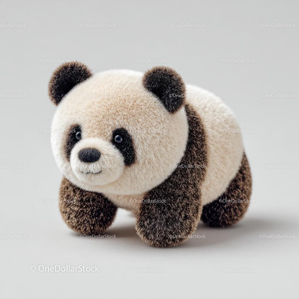 Small black and white plush panda bear toy standing on gray surface