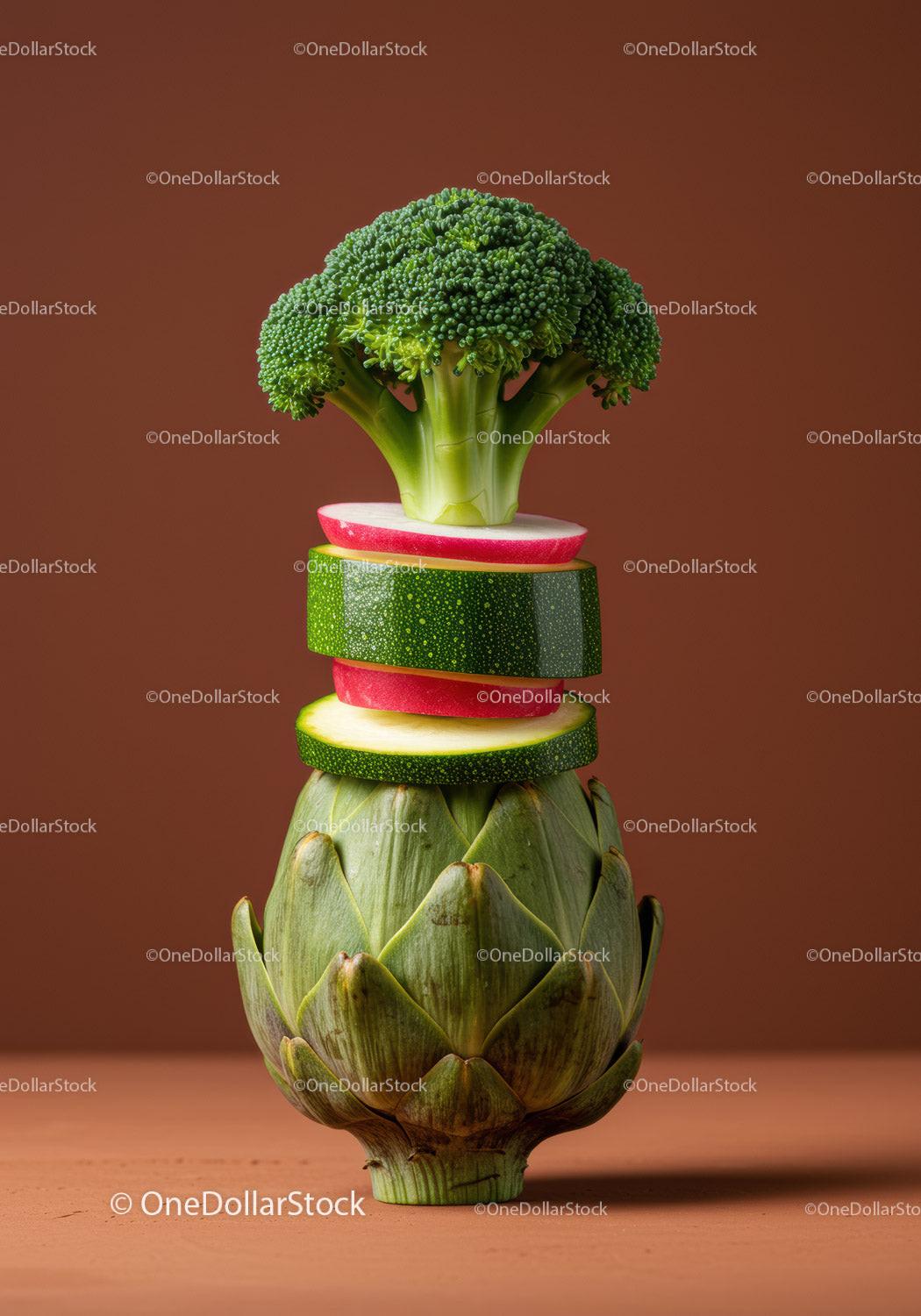 Fresh mixed vegetable stack with artichoke base