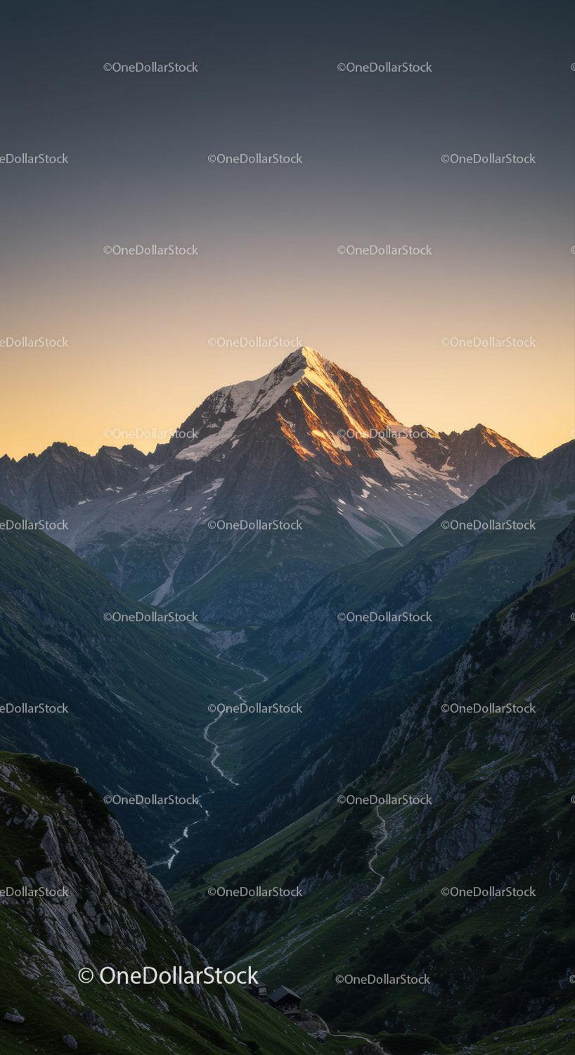 Majestic Snow-Capped Mountain Peak at Sunrise with Verdant Valley
