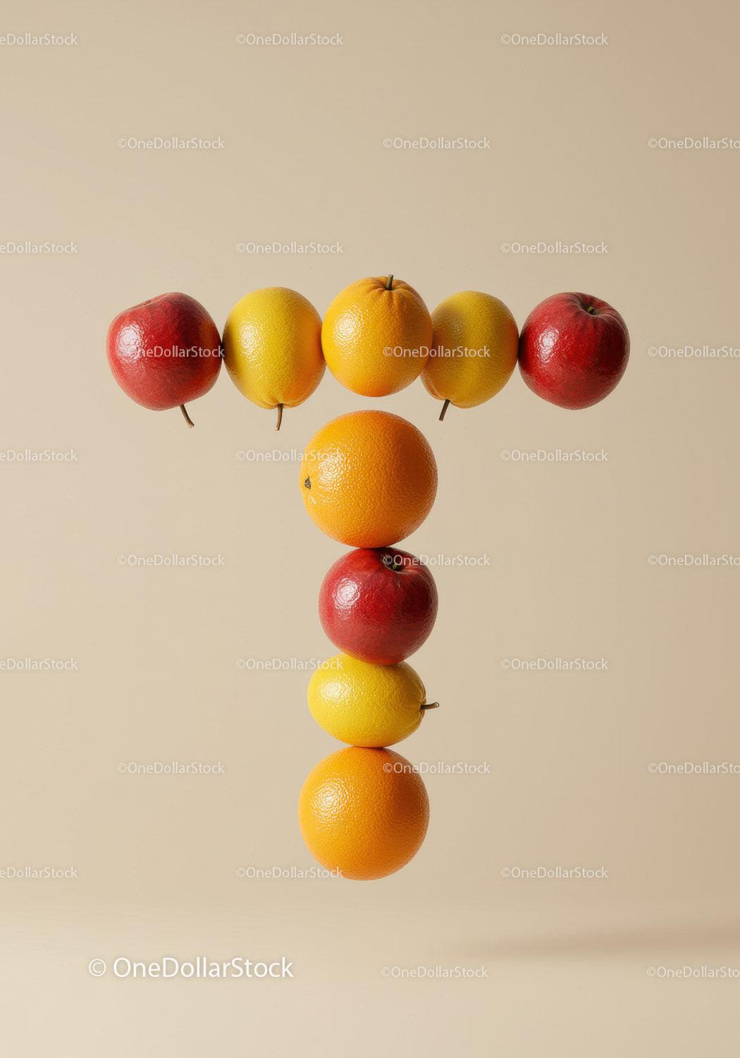 Fresh fruits arranged in the shape of letter T