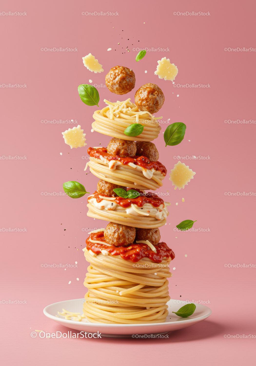 Stacked spaghetti with meatballs and fresh basil leaves