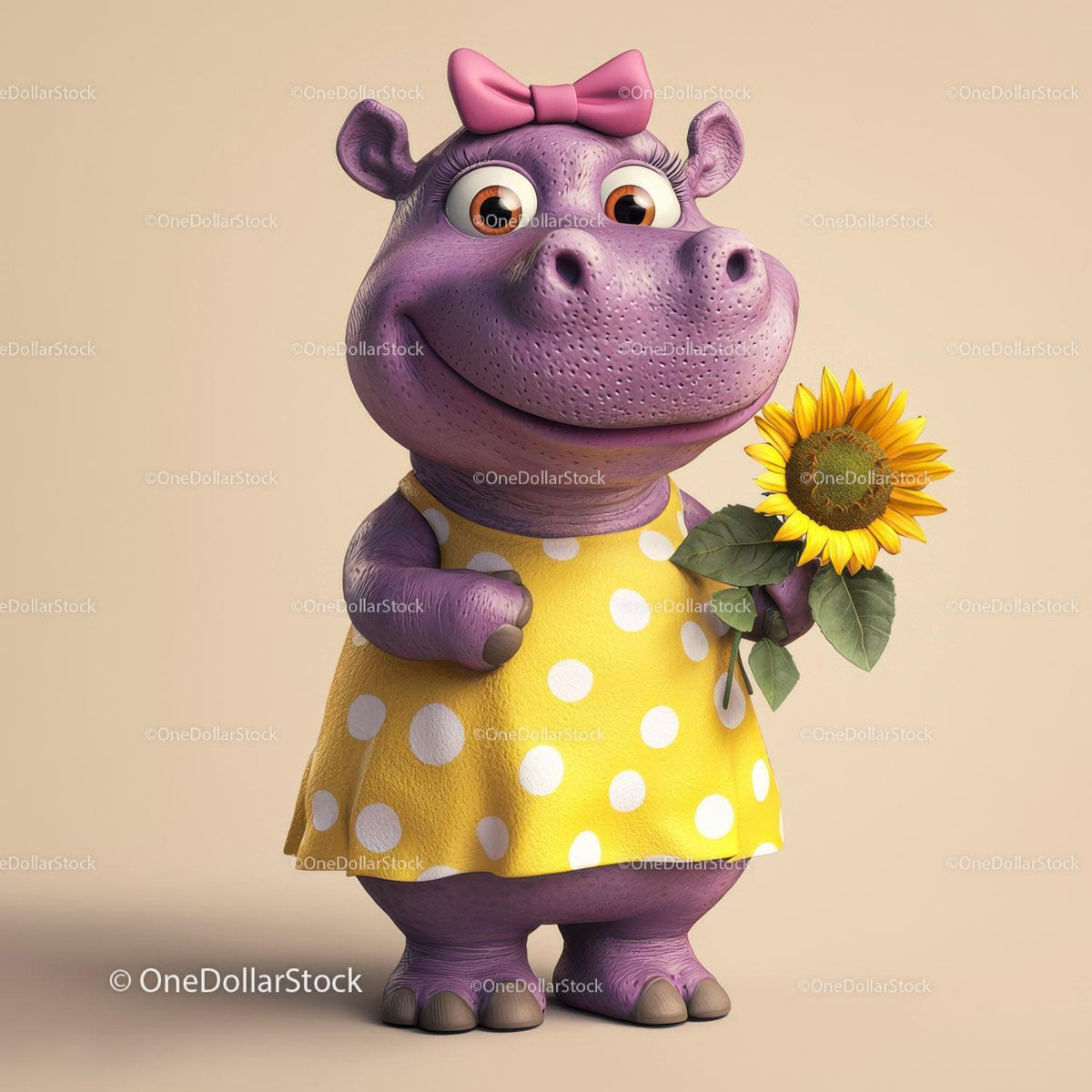 Purple cartoon hippo wearing yellow polka dot dress holding a bright sunflower