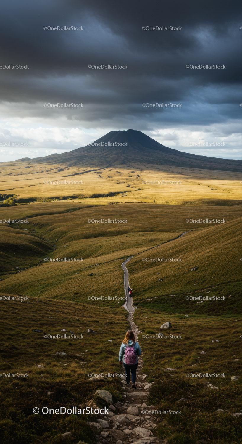 Mountain Hiking Trail with Dark Clouds Over Rolling Green Hills