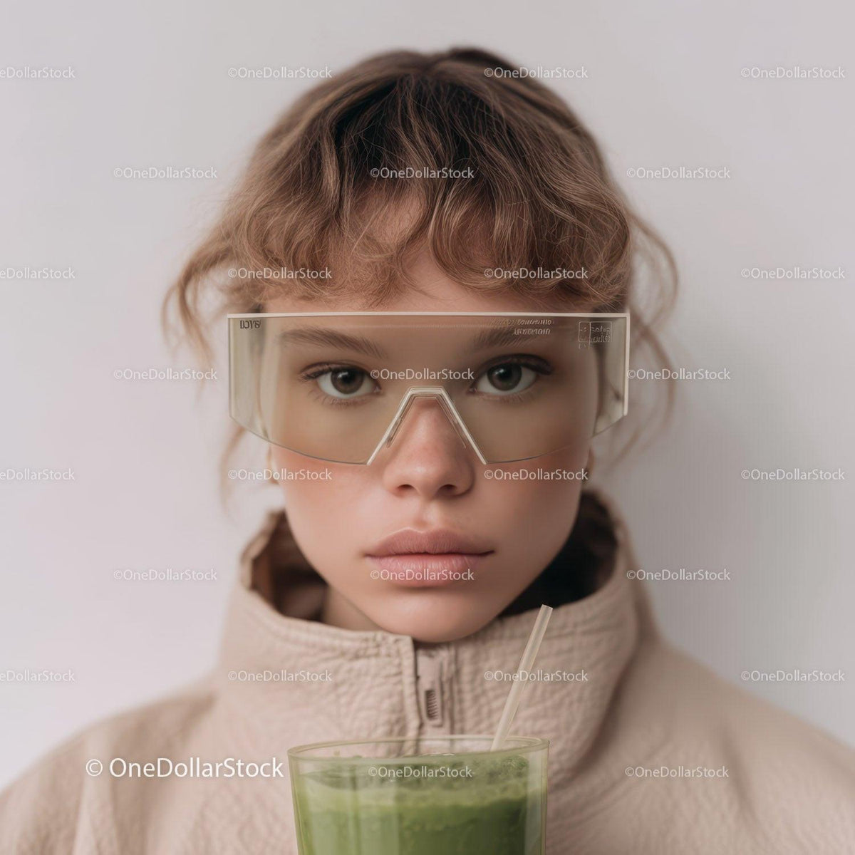 Young Girl Wearing Fashion Glasses Holding Green Smoothie