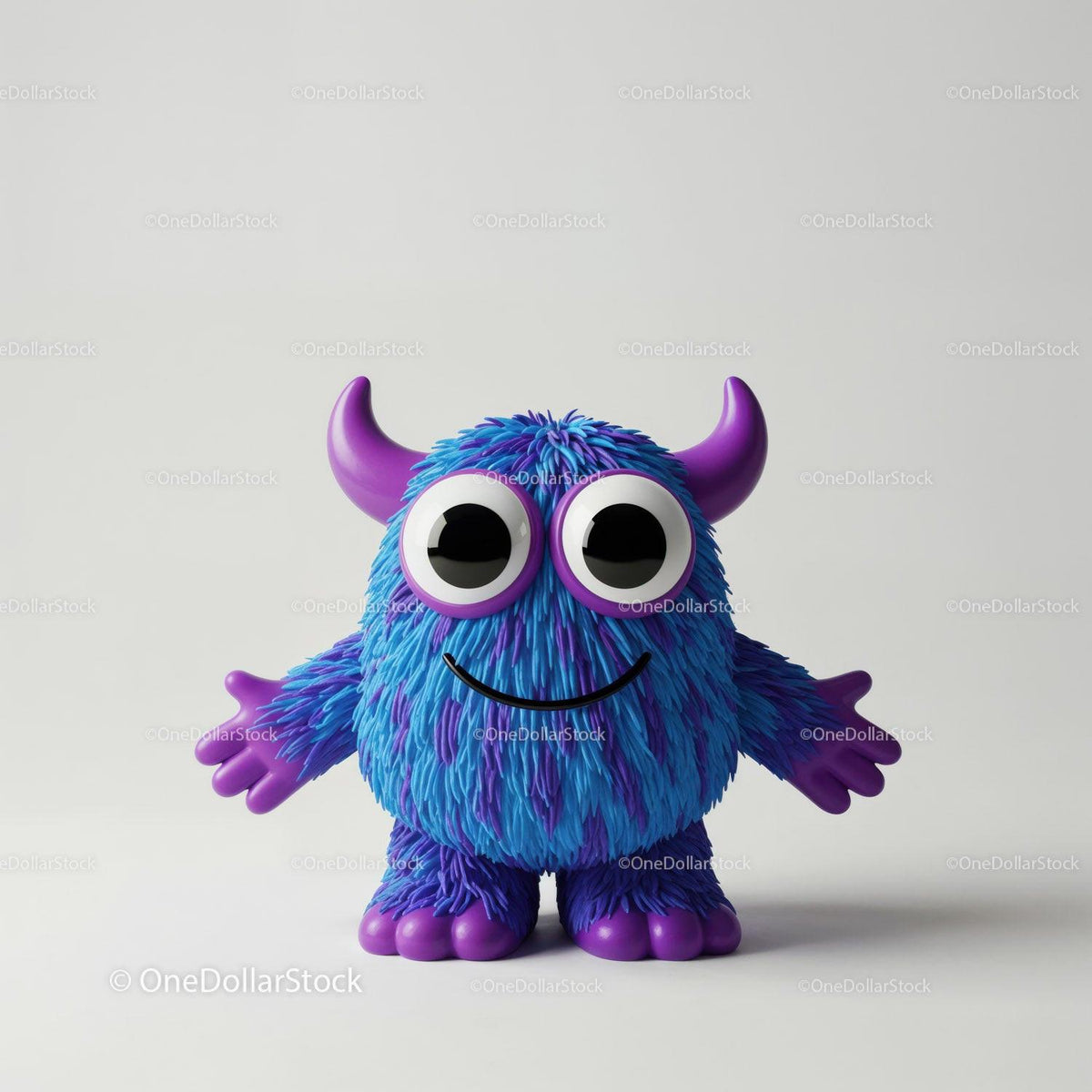 Blue furry monster figurine with purple horns, hands, and feet on white background