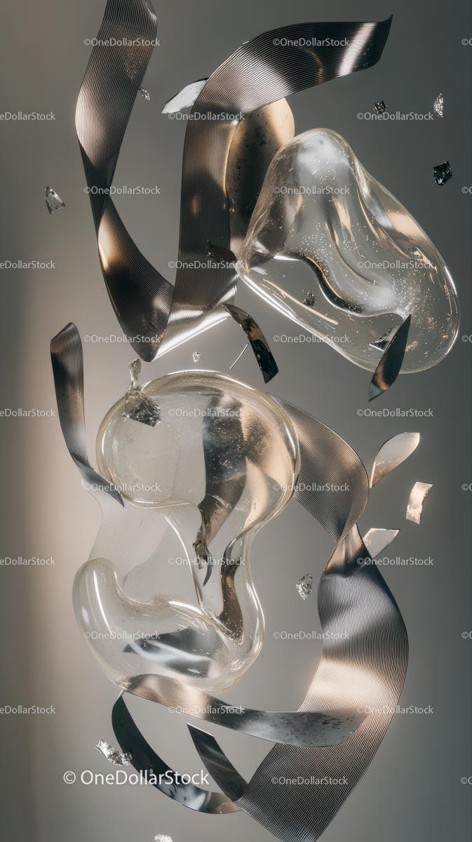 Abstract Modern Art of Shattered Glass with Metallic Ribbons