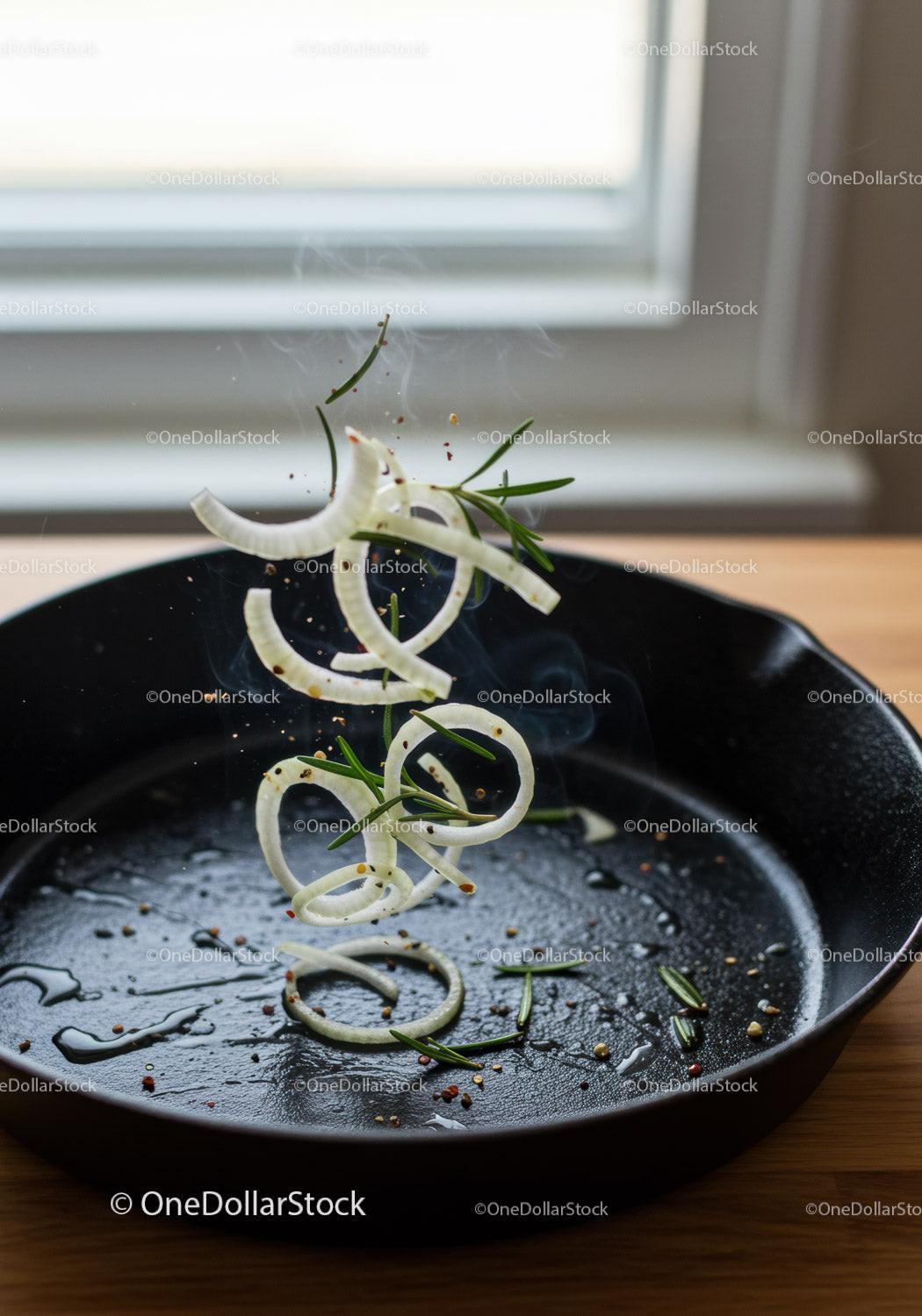 Fresh onion rings and rosemary tossed in hot skillet