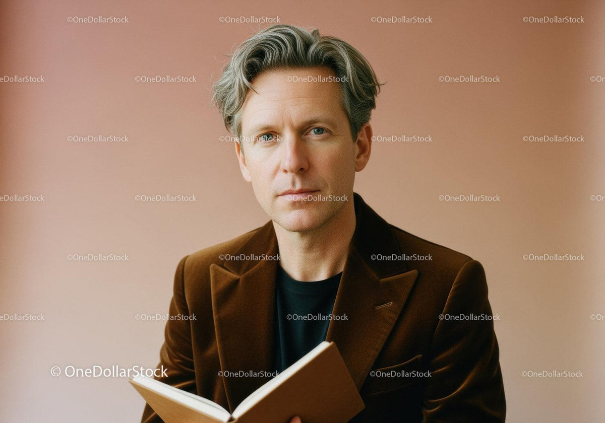 Confident Mature Man Reading Book in Stylish Indoor Setting