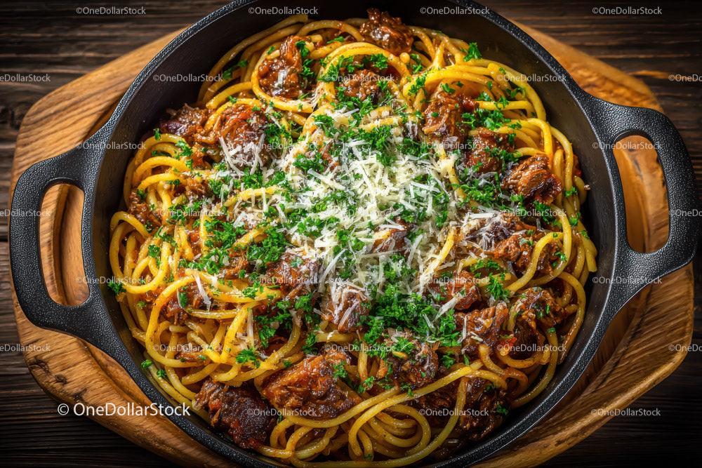 Beef and Mushroom Pasta in a Cast Iron Skillet with Cherry Tomatoes Stock Photo Bundle preview 8