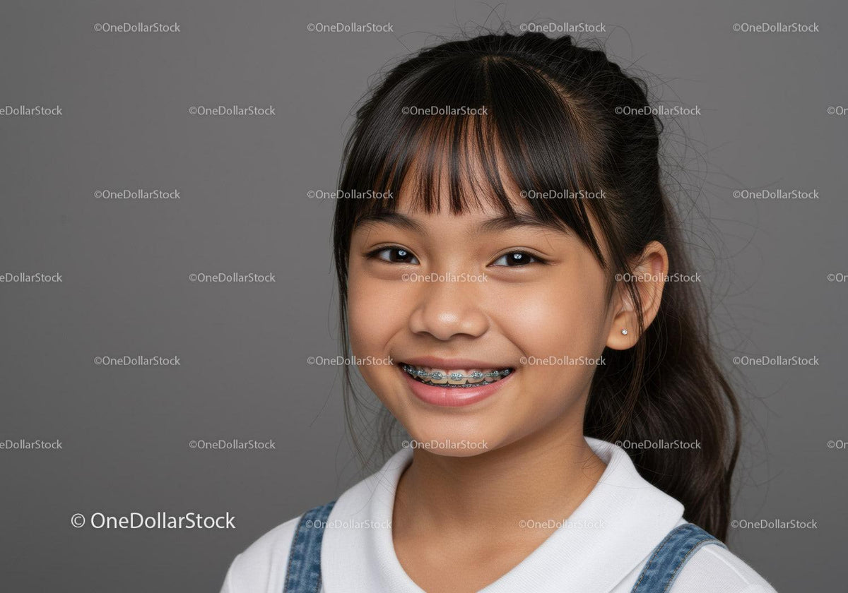Smiling Girl with Braces and Bright Eyes on Grey Background