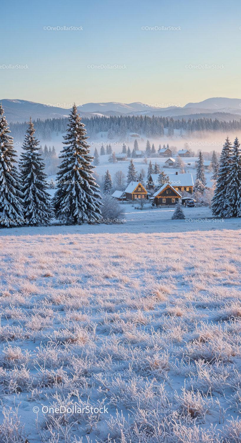 Peaceful Winter Village Nestled in Snowy Mountain Valley