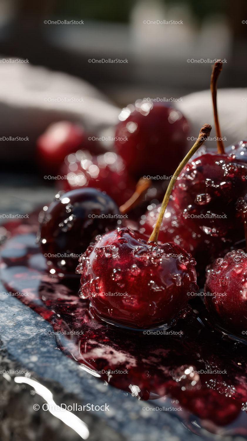 Vivid Close-Up of Juicy Ripe Cherries with Water Droplets