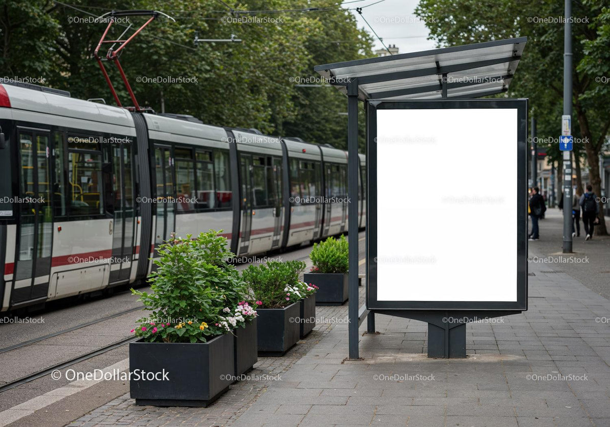 Urban tram stop with blank advertising billboard outdoors JPG Mockup Image preview