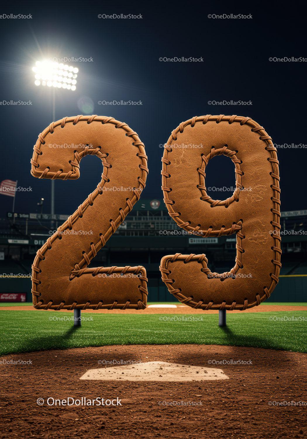 Leather stitched number 29 on baseball field at night