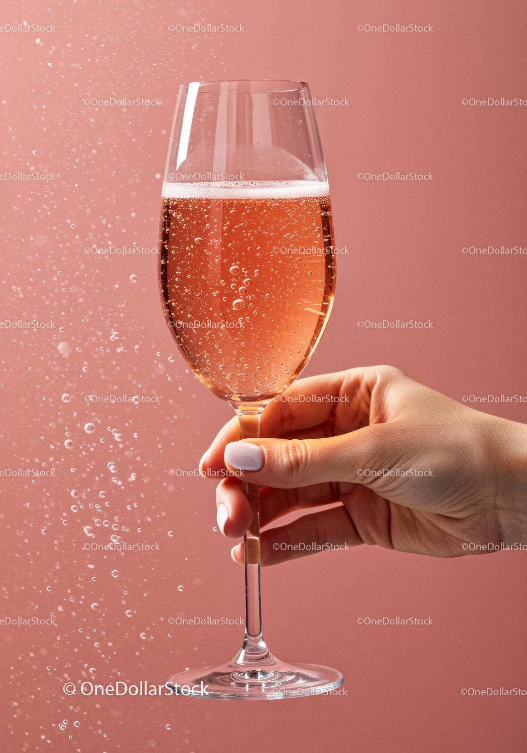 Hand Holding Sparkling Rosé Wine Glass on Pink Background