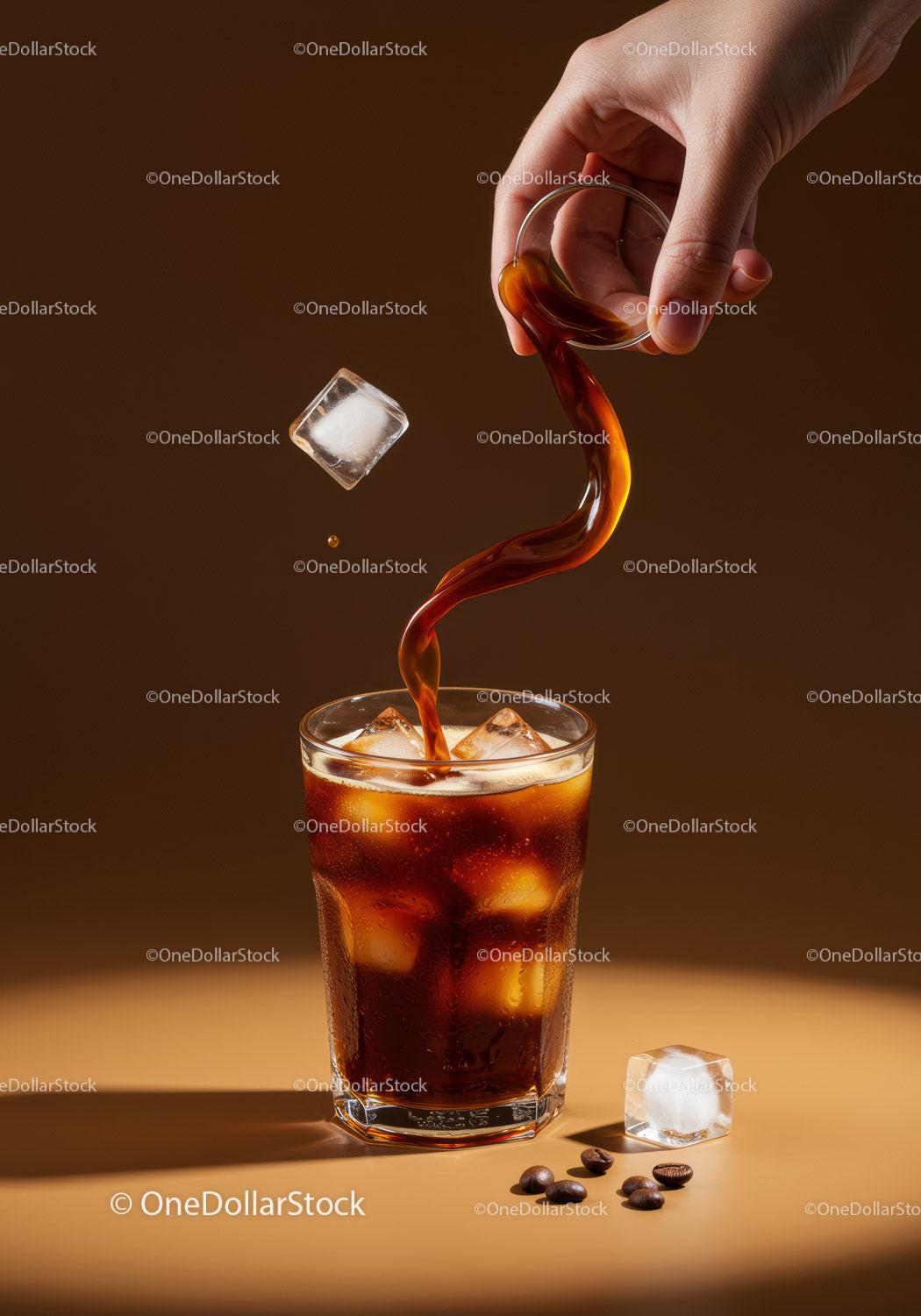 Pouring Cold Brew Coffee Over Ice Cubes in Glass