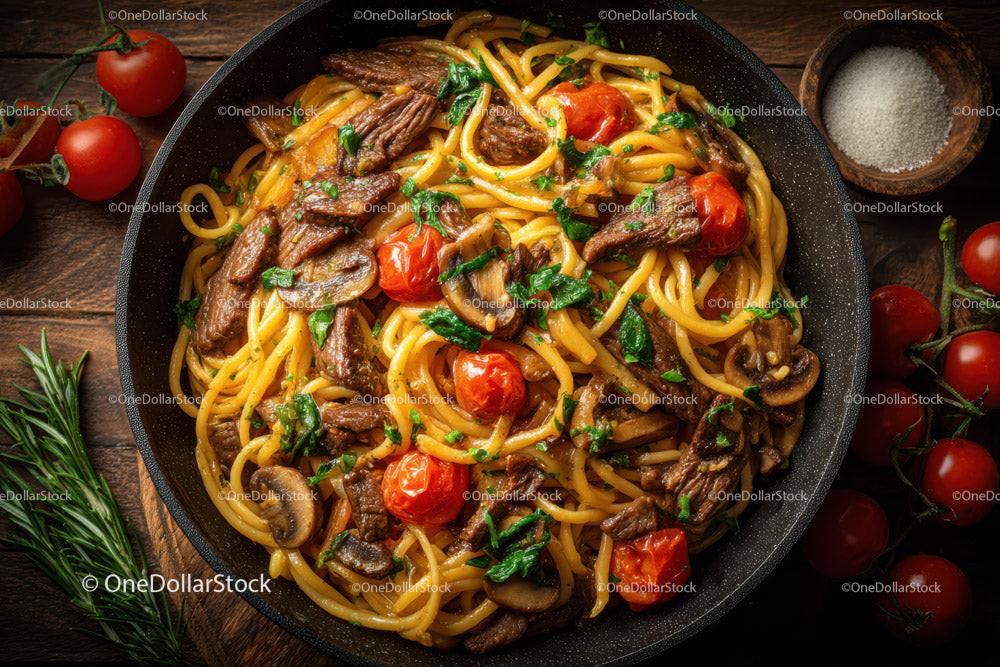 Beef and Mushroom Pasta in a Cast Iron Skillet with Cherry Tomatoes Stock Photo Bundle preview 5