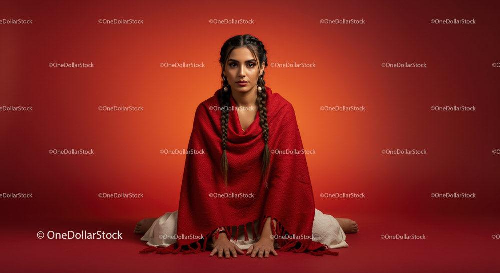 Elegant Woman in Red Shawl Posing Against Vibrant Background Stock Photo Bundle preview 5