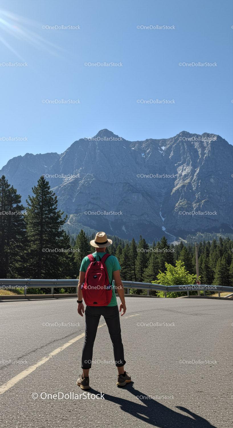 Man with backpack admiring mountain landscape outdoors