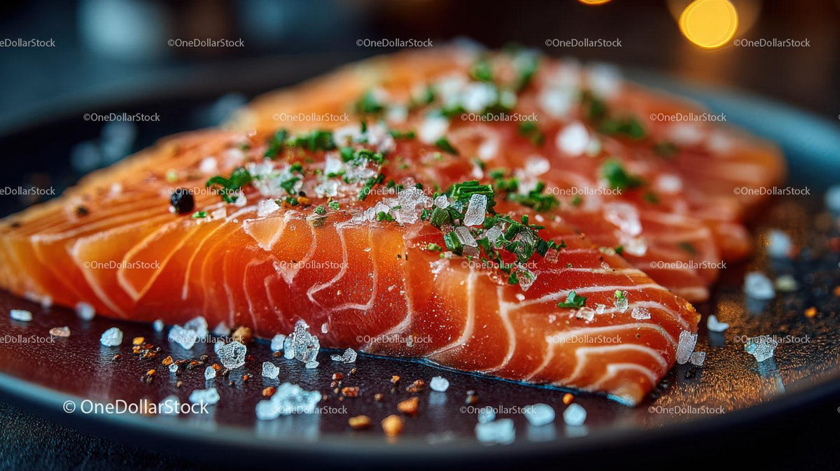 Fresh Sliced Smoked Salmon with Herbs and Sea Salt on Black Plate 36 JPG Files digital asset preview