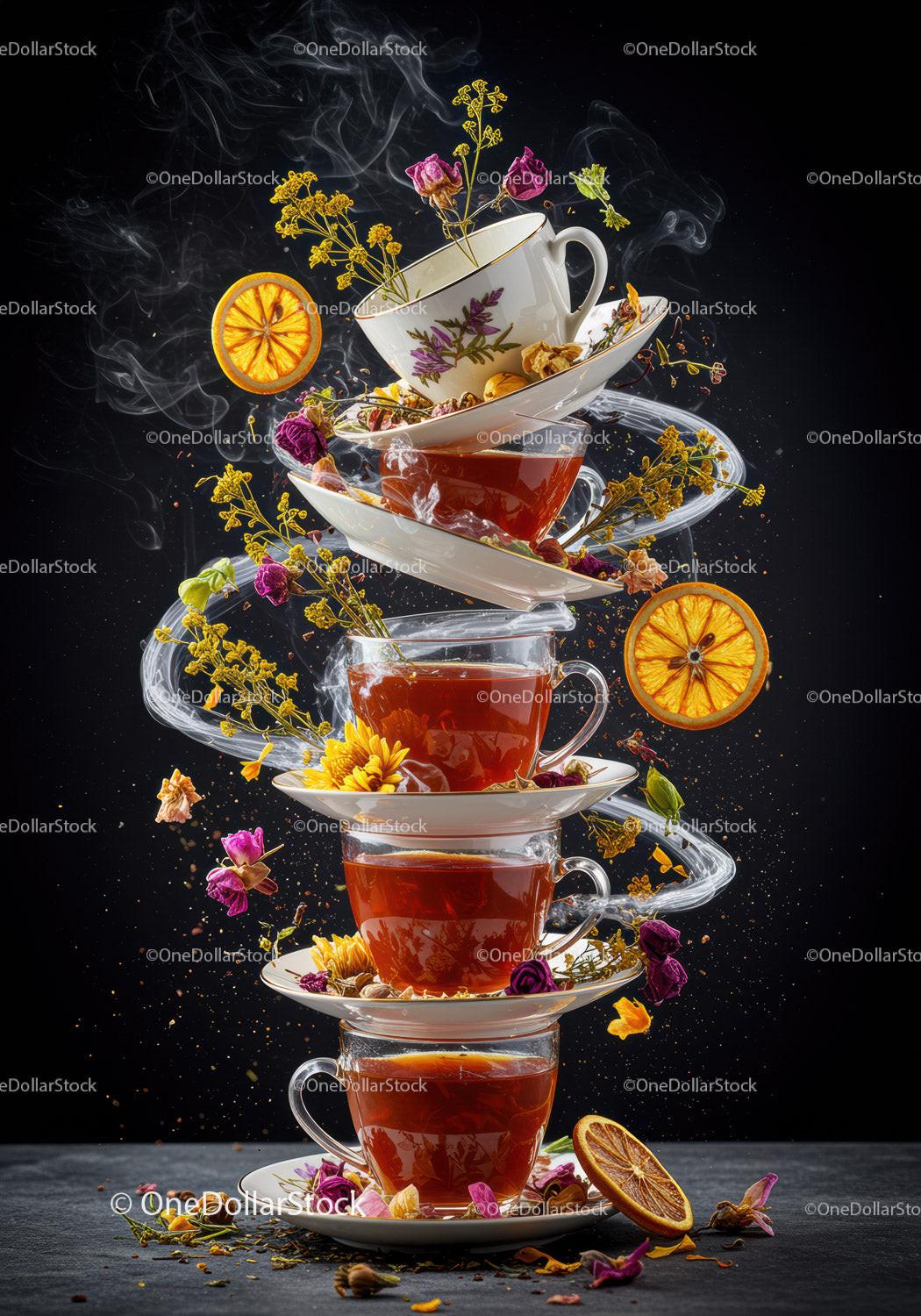 Stack of Tea Cups with Herbal Infusions and Citrus Slices