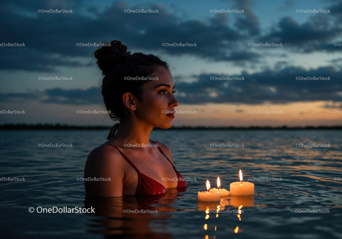 Woman in Black Bikini with Candles Floating in Lake at Sunset Stock Photo Bundle preview 17