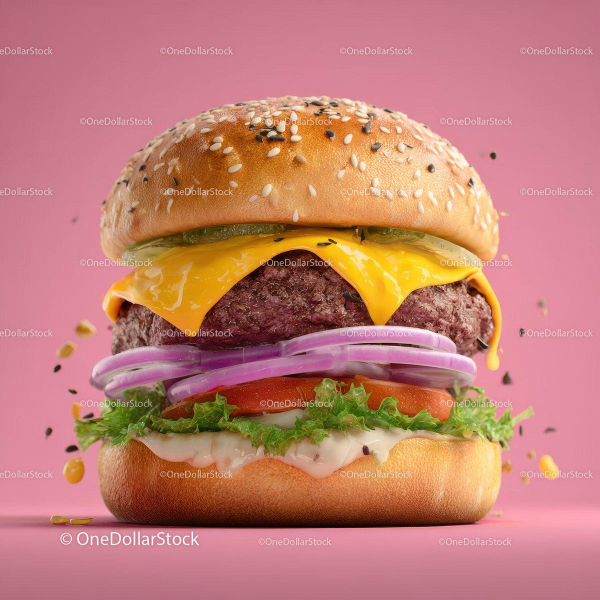 Juicy Cheeseburger with Melty Cheese and Fresh Vegetables on Pink Background Stock Photo Bundle preview 15