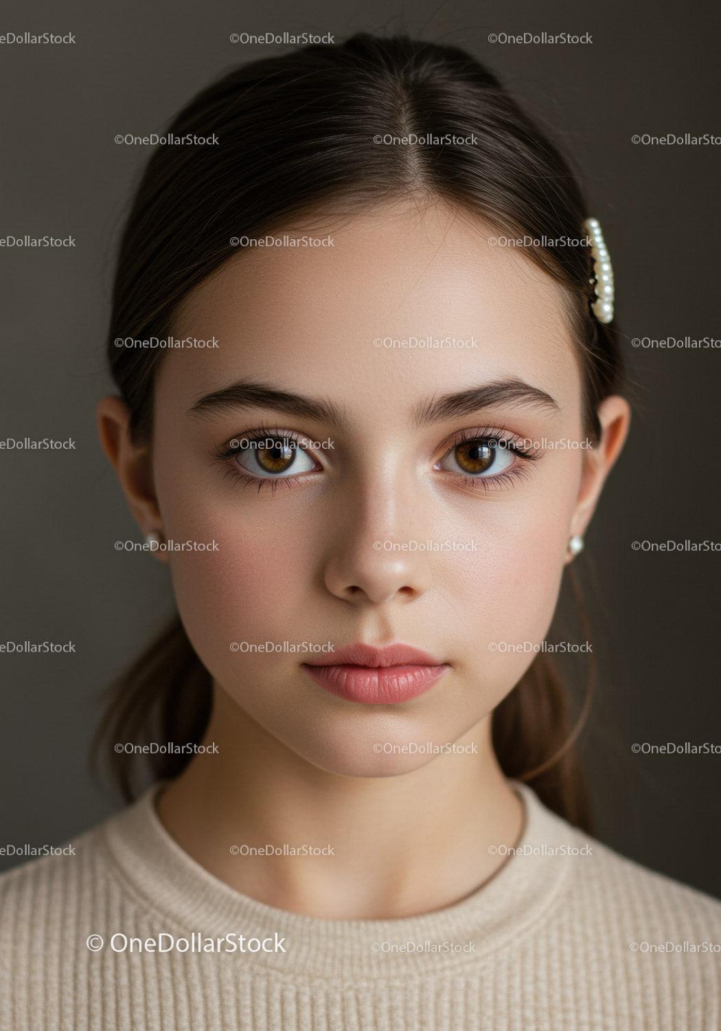 Elegant Portrait of a Young Girl with Brown Eyes and Pearl Hairpin