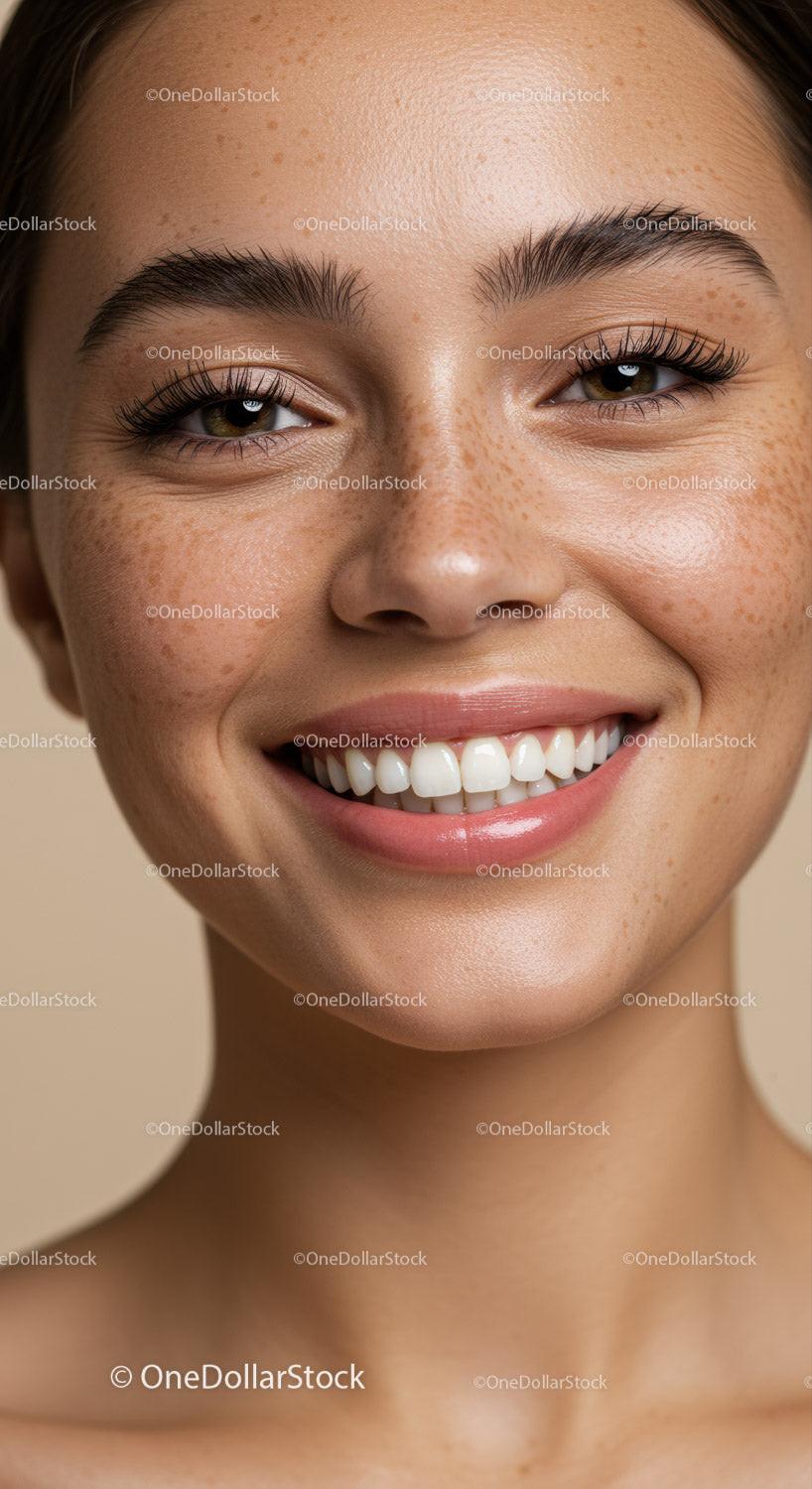 Close up of young woman with natural freckles smiling