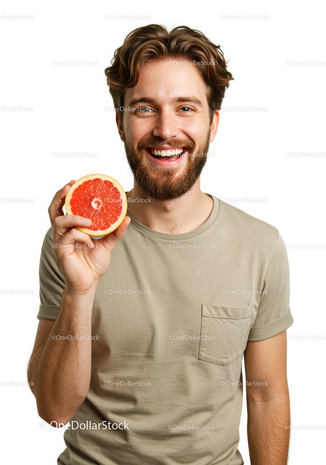 Happy Man with Curly Hair Holding a Bright Red Grapefruit